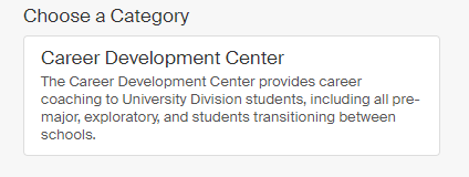 Screenshot of appointment category buttons. Click the "Career Exploration & Student Employment" option